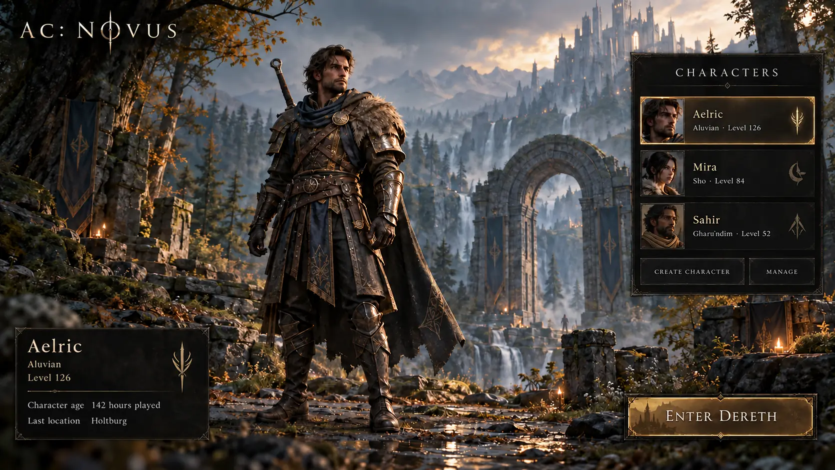 The AC: Novus character screen: a cloaked, armoured adventurer with a sheathed sword stands in an autumn pine forest beside a weathered stone archway, with a misty waterfall valley and a pale fortress city behind. A roster panel at the right, a character panel at lower left and an enter button at lower right.