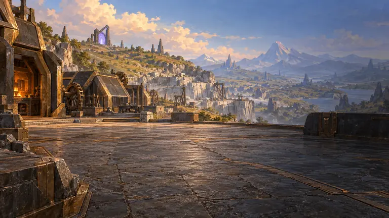 A bronze-and-iron workshop with a glowing forge and large gears stands on a stone plaza above quarried cliffs and distant mountains.