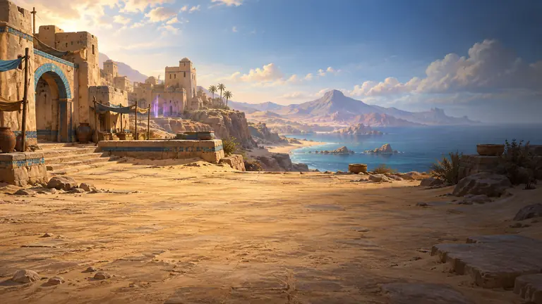 A sunlit stone terrace above a desert coast, with sandstone buildings trimmed in blue tile, palm trees and a calm sea.