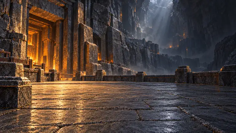 A vast granite forecourt cut into cliff walls, lit amber by forge light through a huge stepped gateway, with cold daylight falling into the canyon.