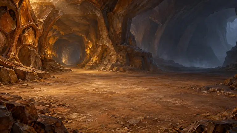 An empty cavern of amber-lit mineral walls with honeycomb-like ribs and a tunnel leading into darkness.