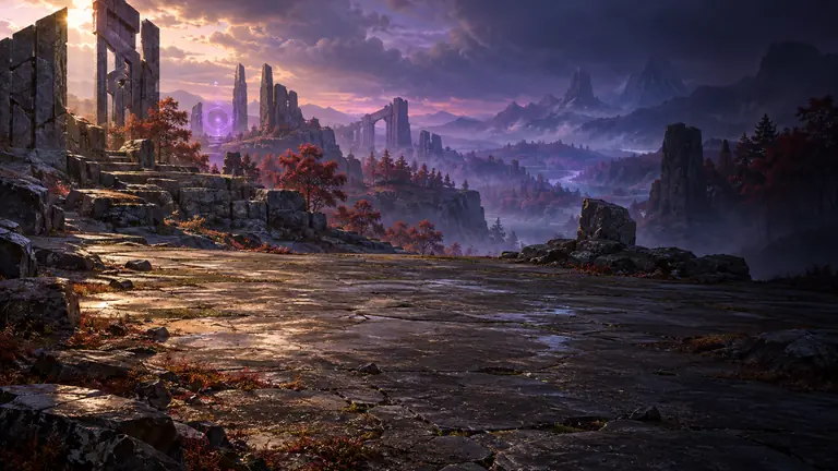 Broken stone pillars and red-leaved trees on a ruined terrace, with a ring of violet light in the distance under a dusky purple sky.