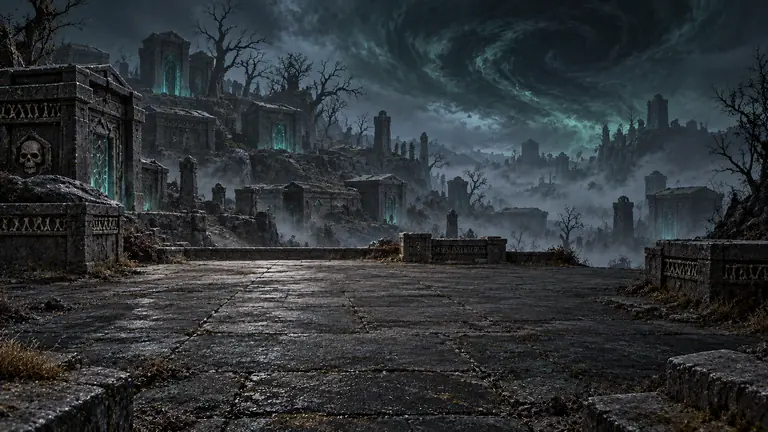A stone terrace among carved tombs whose doorways glow cyan, with bare trees, fog and a swirling black sky.