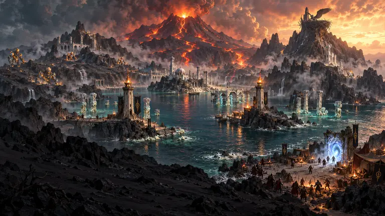 A volcanic island: a glowing crater with lava floes, a winged beast's aerie on a second peak, a turquoise lagoon harbour guarded by two lighthouses and coral columns, white ruins in the ash, and a portal on the harbour beach where fighters gather.