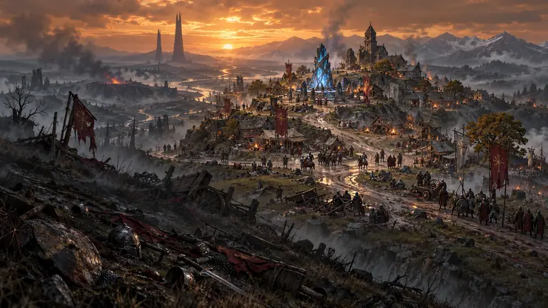An unwalled hill town of timber and stone on a lifestone hill at the edge of a blighted wasteland, its slopes strewn with fallen fighters' gear, crimson banners and smoke under an amber sky, with a smoking crater and two distant spires.
