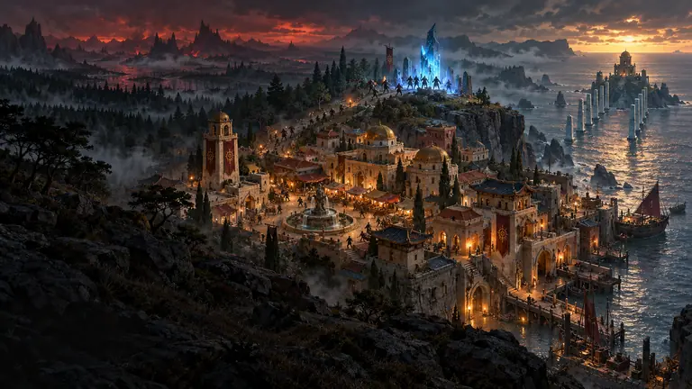 A coastal town of sandstone domes and upswept tiled roofs on a ridge between dark forest and a cold sea at dusk; a glowing blue lifestone crowns the hill above the houses as a raiding party arrives in its light, and an islet offshore is reached by two rows of pale pillars standing in the water.