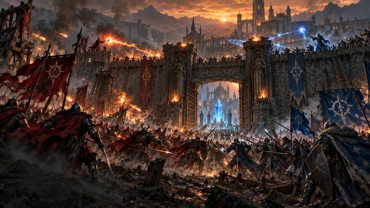 Two allegiances clash at the gate of a stone town at dusk: crimson-banner fighters and war mages on one side, blue-and-silver defenders on the walls, and a glowing blue lifestone in the square beyond the gate.