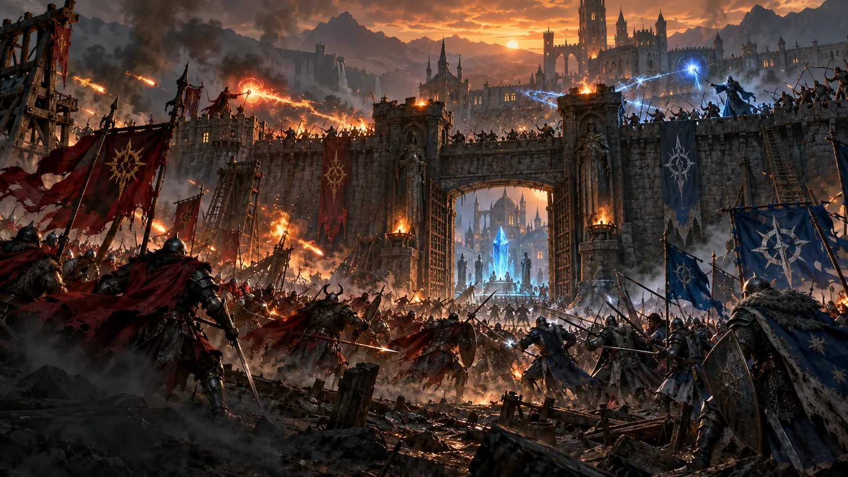 Two allegiances clash at the gate of a stone town at dusk: crimson-banner fighters and war mages on one side, blue-and-silver defenders on the walls, and a glowing blue lifestone in the square beyond the gate.