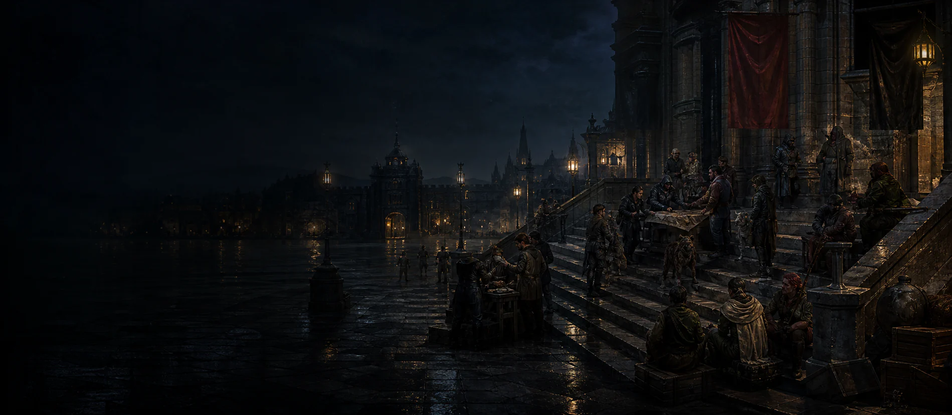 Adventurers, crafters, traders, and guildmates gather on rain-dark bank steps at night.