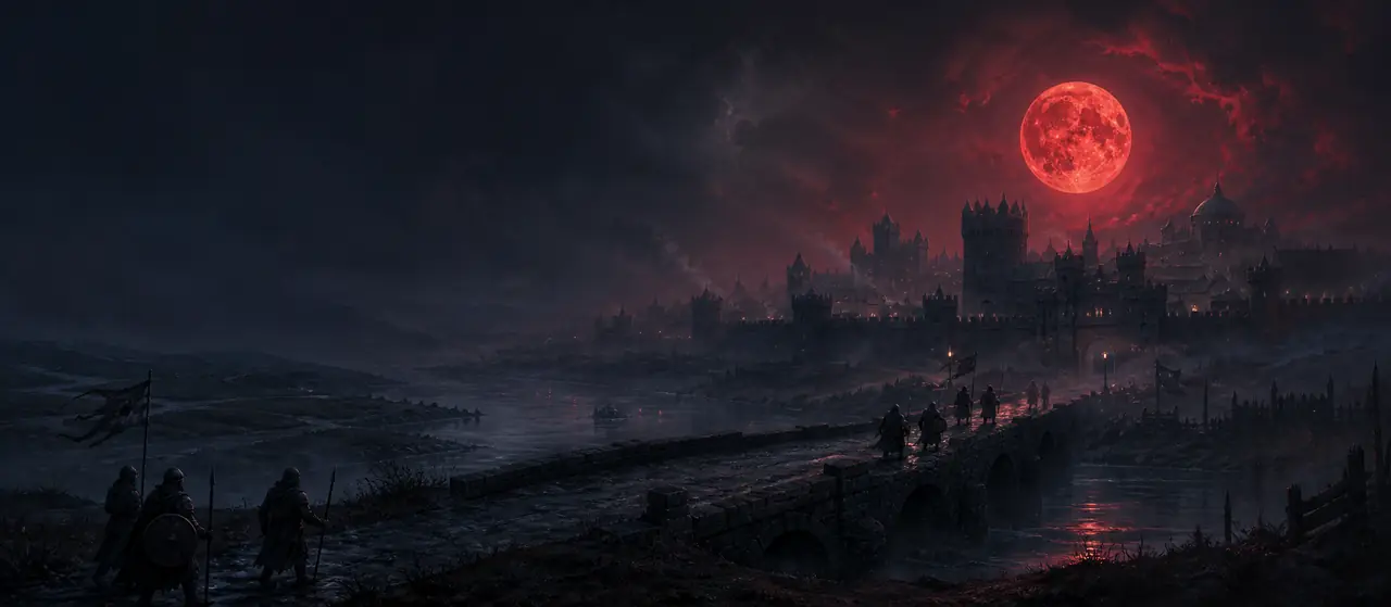 A painterly vision of adventurers approaching Britain beneath a blood moon